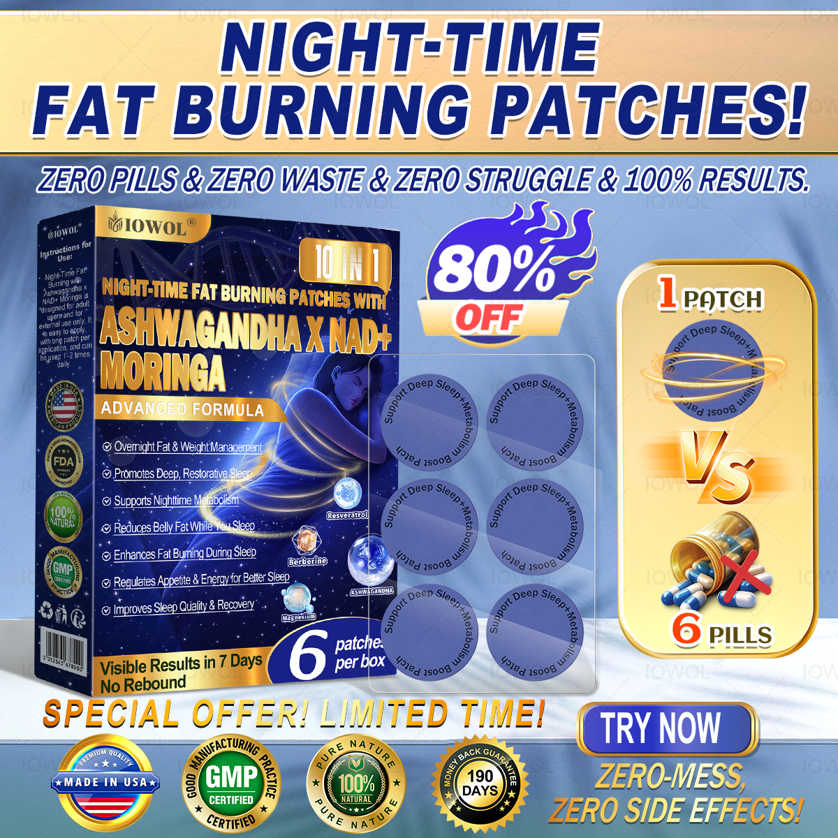 Patchs brûle-graisses nocturnes IOWOL® ! ZÉRO comprimé · ZÉRO gaspillage · ZÉRO effort · Résultats à 100 % ✨